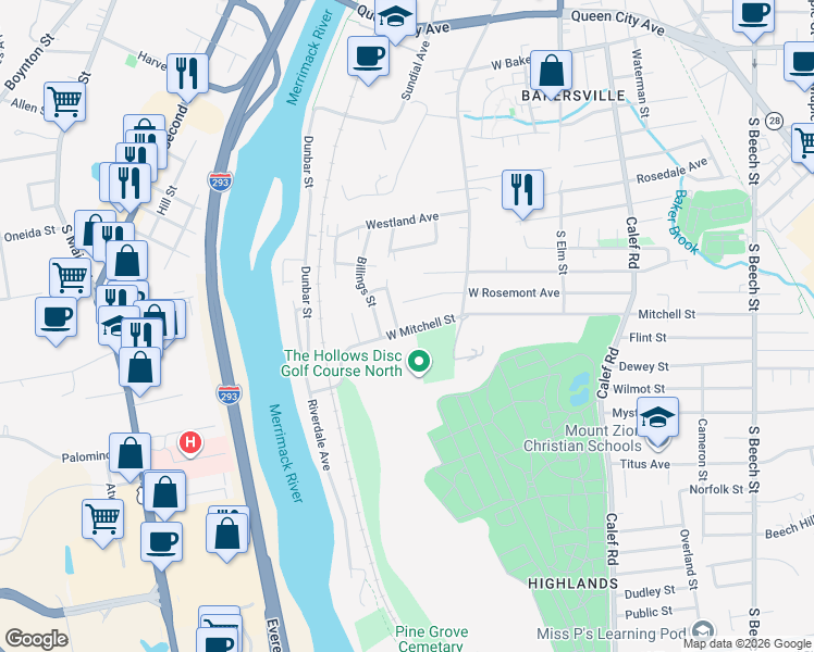 map of restaurants, bars, coffee shops, grocery stores, and more near 247 West Mitchell Street in Manchester