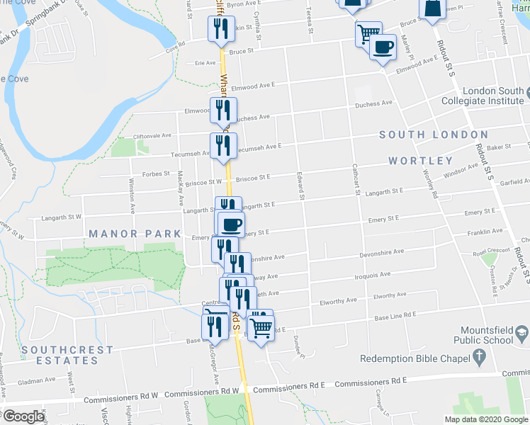 map of restaurants, bars, coffee shops, grocery stores, and more near 31 Langarth Street East in London