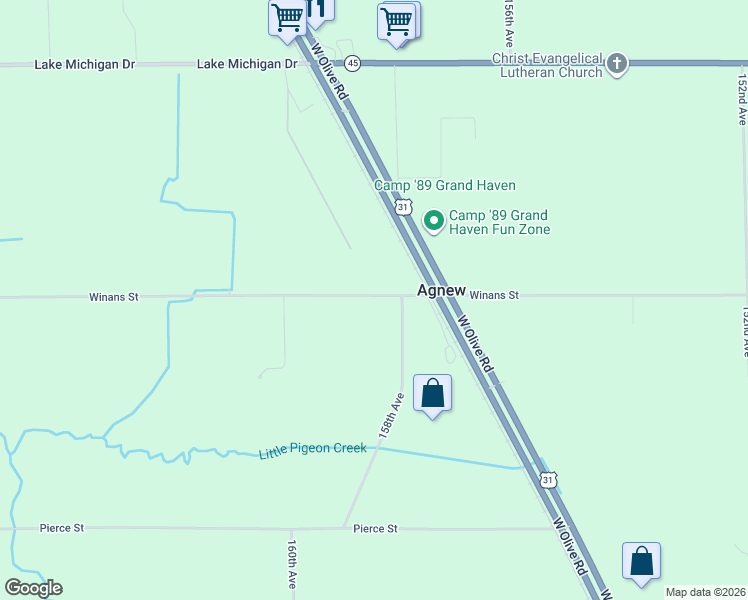 map of restaurants, bars, coffee shops, grocery stores, and more near 15844 Winans Street in West Olive