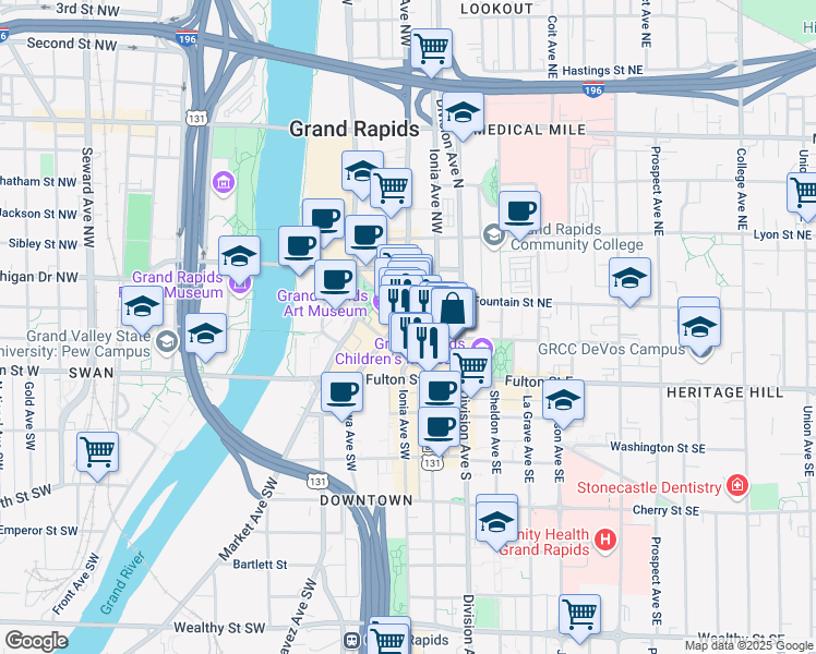 map of restaurants, bars, coffee shops, grocery stores, and more near 89 Monroe Center Street Northwest in Grand Rapids