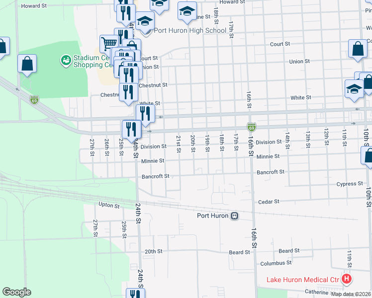 map of restaurants, bars, coffee shops, grocery stores, and more near 1811 20th Street in Port Huron