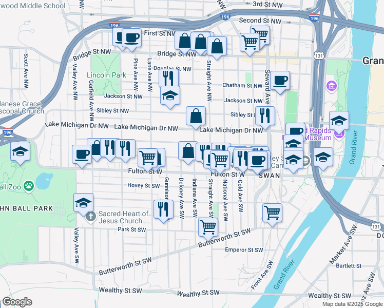 map of restaurants, bars, coffee shops, grocery stores, and more near 840 Veto Street Northwest in Grand Rapids