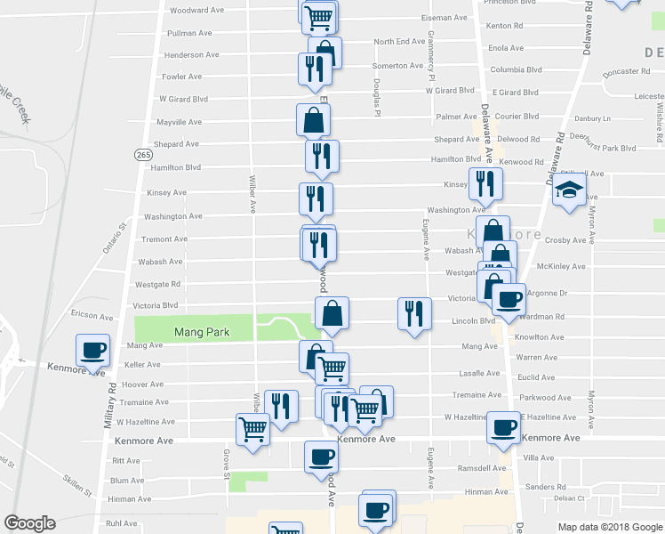 map of restaurants, bars, coffee shops, grocery stores, and more near 2473 Elmwood Avenue in Buffalo