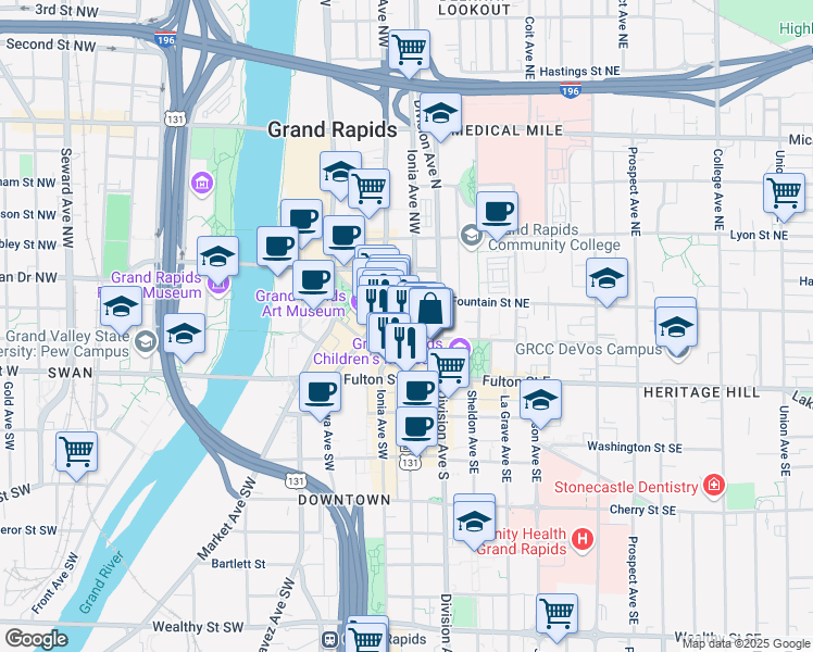 map of restaurants, bars, coffee shops, grocery stores, and more near 89 Monroe Center Street Northwest in Grand Rapids