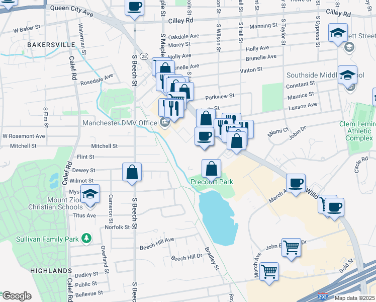map of restaurants, bars, coffee shops, grocery stores, and more near 85 Faltin Drive in Manchester