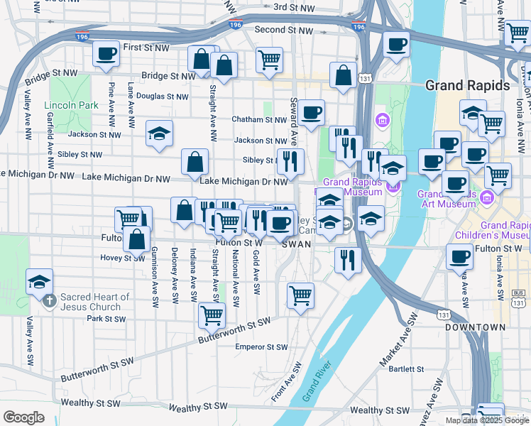 map of restaurants, bars, coffee shops, grocery stores, and more near 51 Lexington Avenue Northwest in Grand Rapids