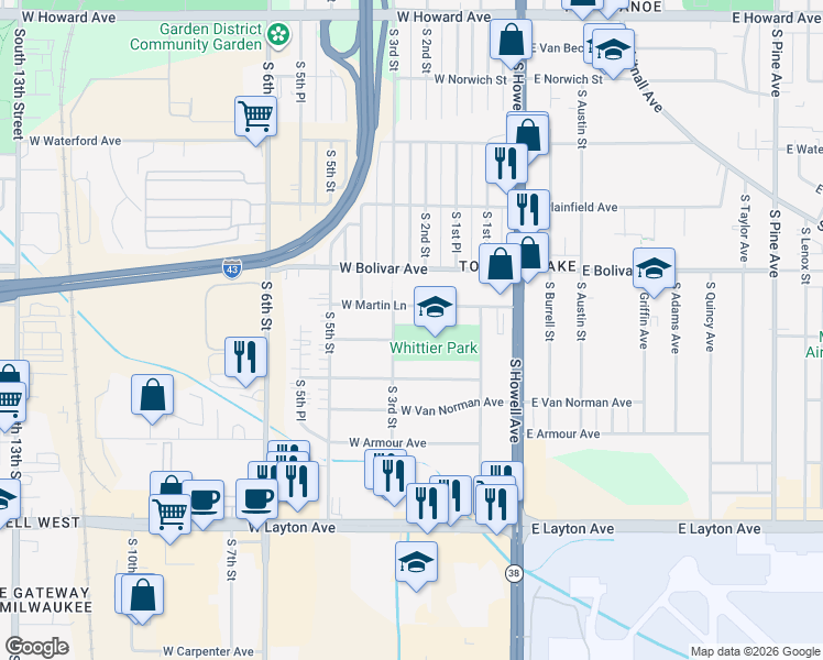 map of restaurants, bars, coffee shops, grocery stores, and more near 4382 South 3rd Street in Milwaukee