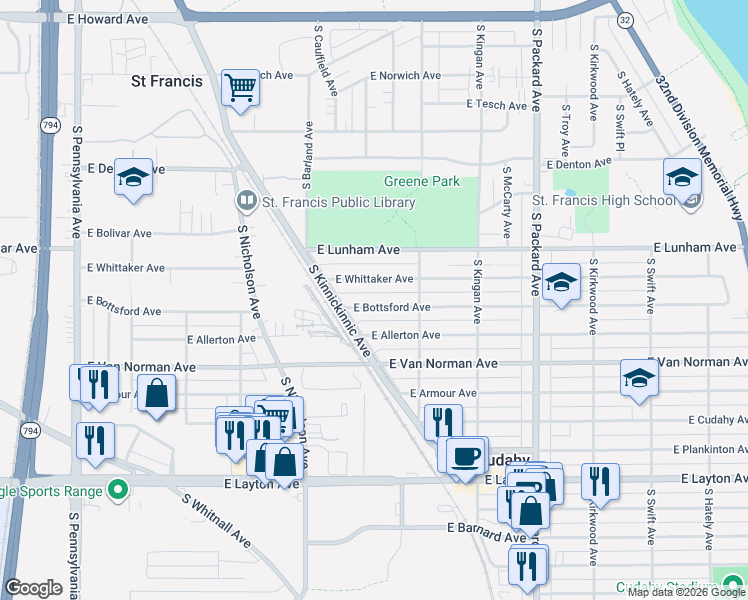 map of restaurants, bars, coffee shops, grocery stores, and more near 3316 East Bottsford Avenue in Cudahy