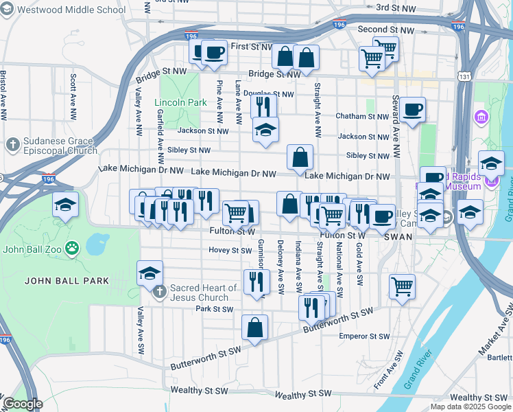 map of restaurants, bars, coffee shops, grocery stores, and more near 954 Veto Street Northwest in Grand Rapids