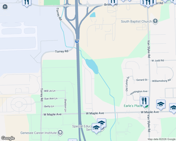map of restaurants, bars, coffee shops, grocery stores, and more near 4441 Jena Lane in Flint Township