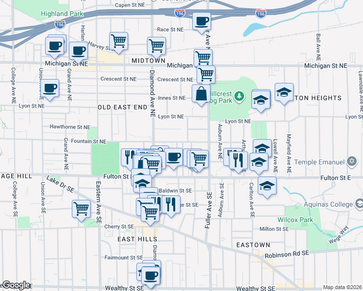 map of restaurants, bars, coffee shops, grocery stores, and more near 60 Caroline Place Northeast in Grand Rapids