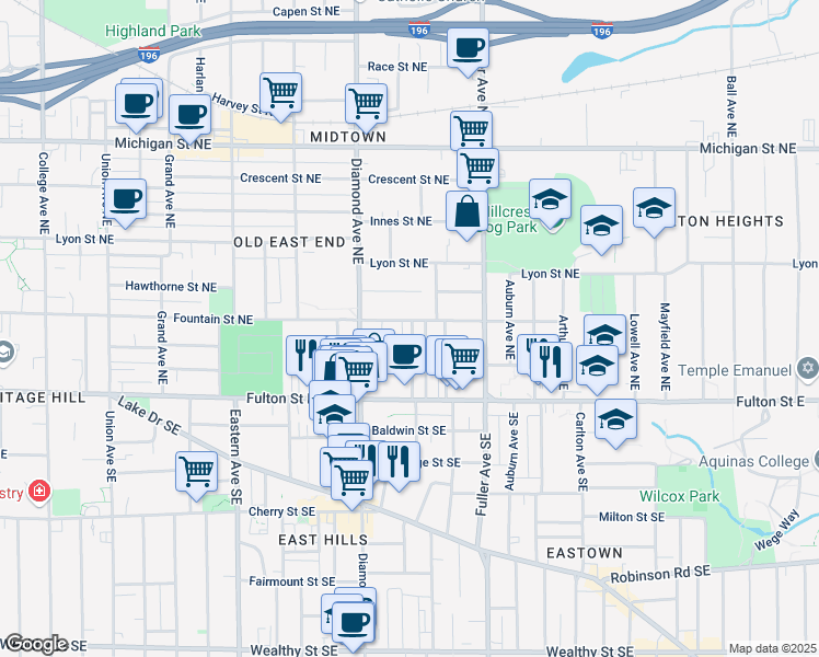 map of restaurants, bars, coffee shops, grocery stores, and more near 60 Caroline Place Northeast in Grand Rapids