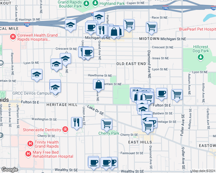 map of restaurants, bars, coffee shops, grocery stores, and more near 717 Atwood Street Northeast in Grand Rapids
