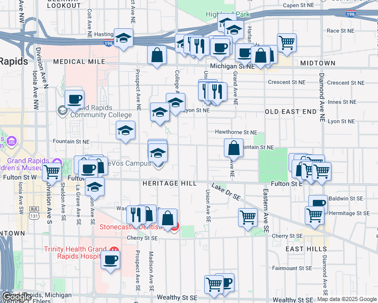 map of restaurants, bars, coffee shops, grocery stores, and more near 50 College Avenue Northeast in Grand Rapids