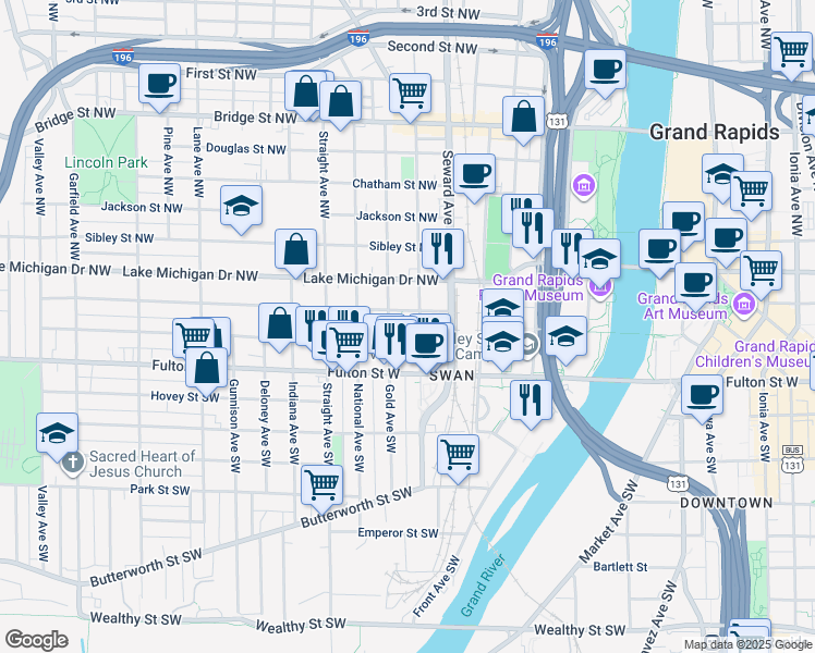 map of restaurants, bars, coffee shops, grocery stores, and more near 51 Lexington Avenue Northwest in Grand Rapids