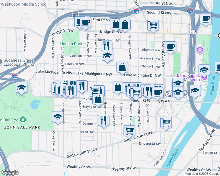map of restaurants, bars, coffee shops, grocery stores, and more near 910 Veto Street Northwest in Grand Rapids