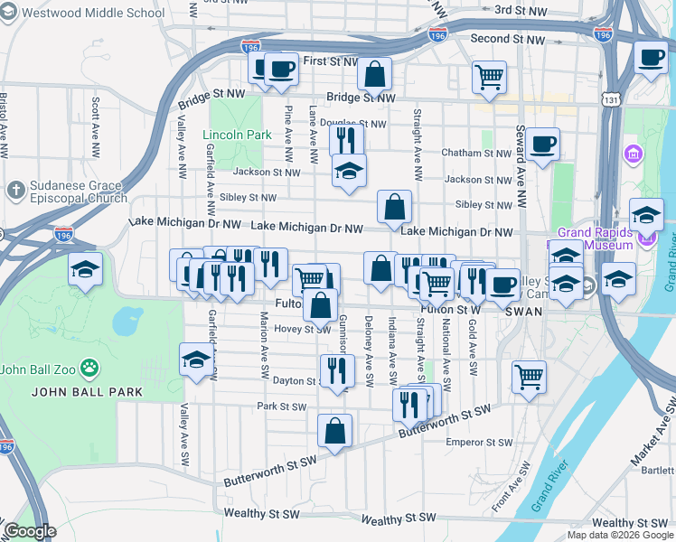 map of restaurants, bars, coffee shops, grocery stores, and more near 954 Veto Street Northwest in Grand Rapids
