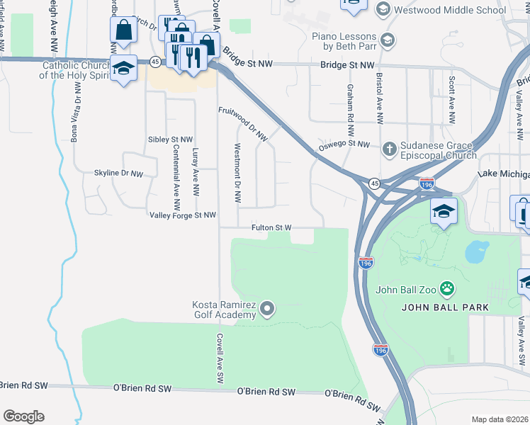 map of restaurants, bars, coffee shops, grocery stores, and more near 1901 Fulton Street West in Grand Rapids