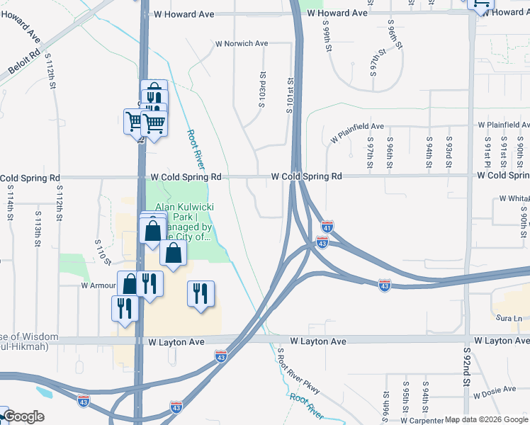 map of restaurants, bars, coffee shops, grocery stores, and more near 10155 West Cold Spring Road in Milwaukee