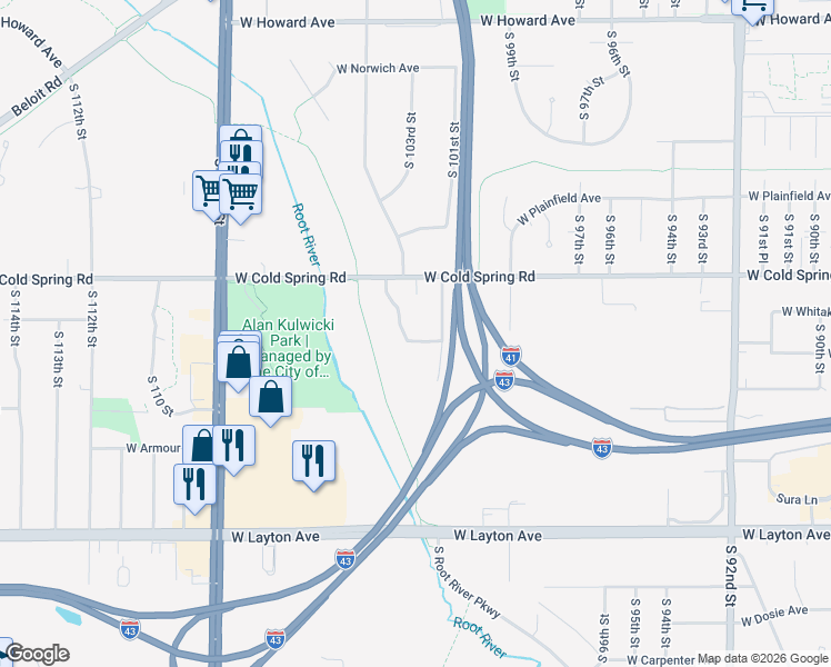 map of restaurants, bars, coffee shops, grocery stores, and more near 10155 West Cold Spring Road in Milwaukee
