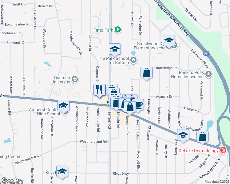 map of restaurants, bars, coffee shops, grocery stores, and more near 4511 Harlem Road in Buffalo