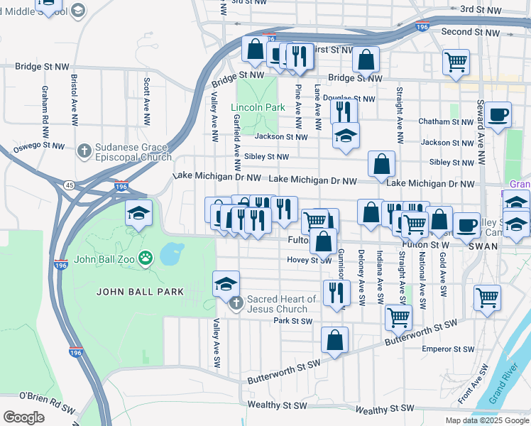 map of restaurants, bars, coffee shops, grocery stores, and more near 1117 Veto Street Northwest in Grand Rapids