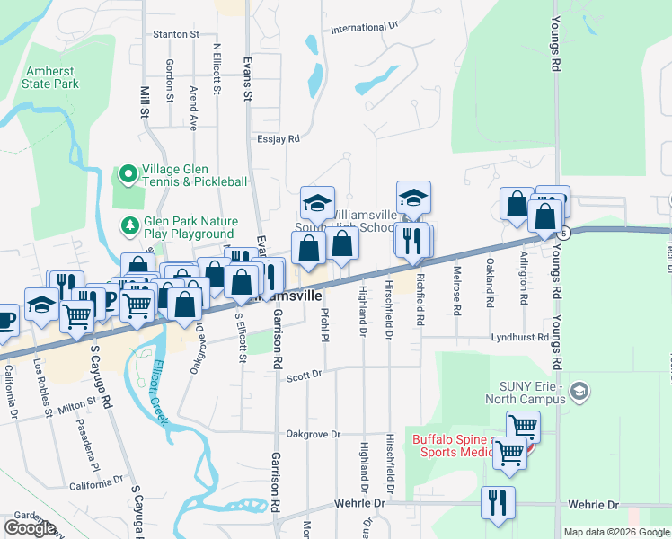 map of restaurants, bars, coffee shops, grocery stores, and more near 5854 Main Street in Buffalo