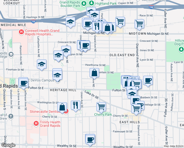 map of restaurants, bars, coffee shops, grocery stores, and more near 648 Fountain Street Northeast in Grand Rapids