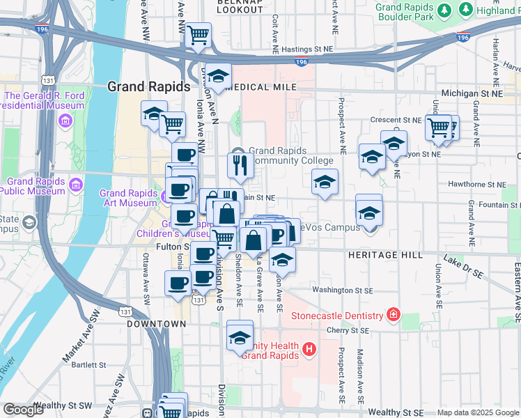 map of restaurants, bars, coffee shops, grocery stores, and more near 181 Library Street Northeast in Grand Rapids
