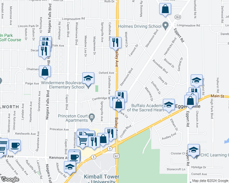 map of restaurants, bars, coffee shops, grocery stores, and more near 191 Callodine Avenue in Buffalo