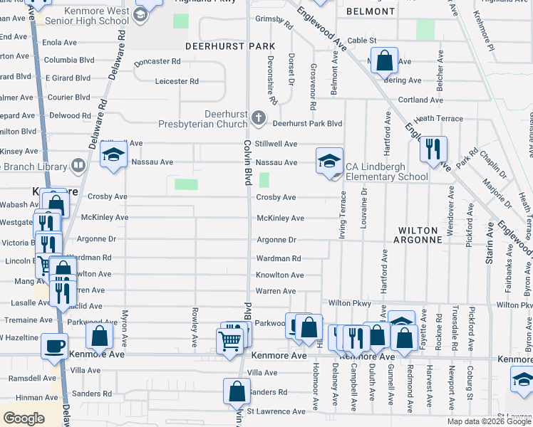 map of restaurants, bars, coffee shops, grocery stores, and more near 863 Colvin Boulevard in Kenmore