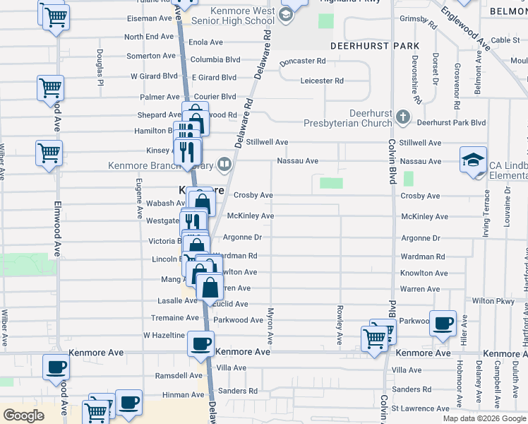 map of restaurants, bars, coffee shops, grocery stores, and more near 89 McKinley Avenue in Buffalo