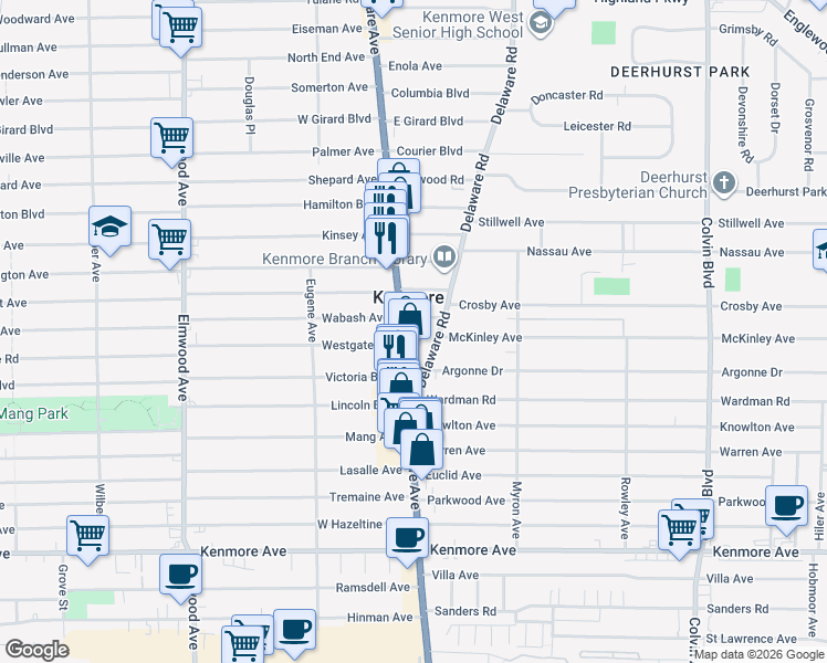 map of restaurants, bars, coffee shops, grocery stores, and more near 2943 Delaware Avenue in Kenmore