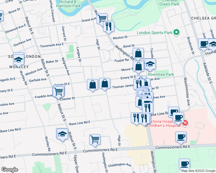 map of restaurants, bars, coffee shops, grocery stores, and more near in London
