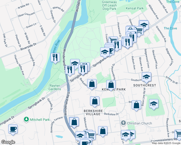 map of restaurants, bars, coffee shops, grocery stores, and more near 502 Springbank Drive in London