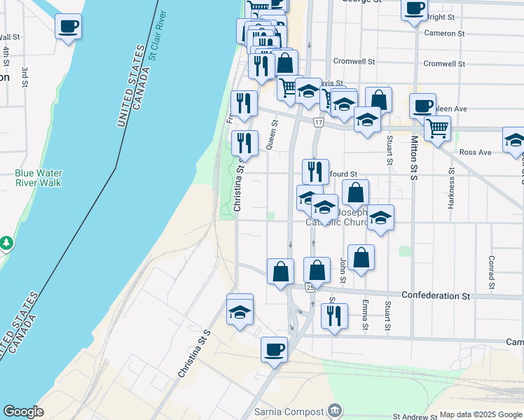 map of restaurants, bars, coffee shops, grocery stores, and more near 232 Devine Street in Sarnia