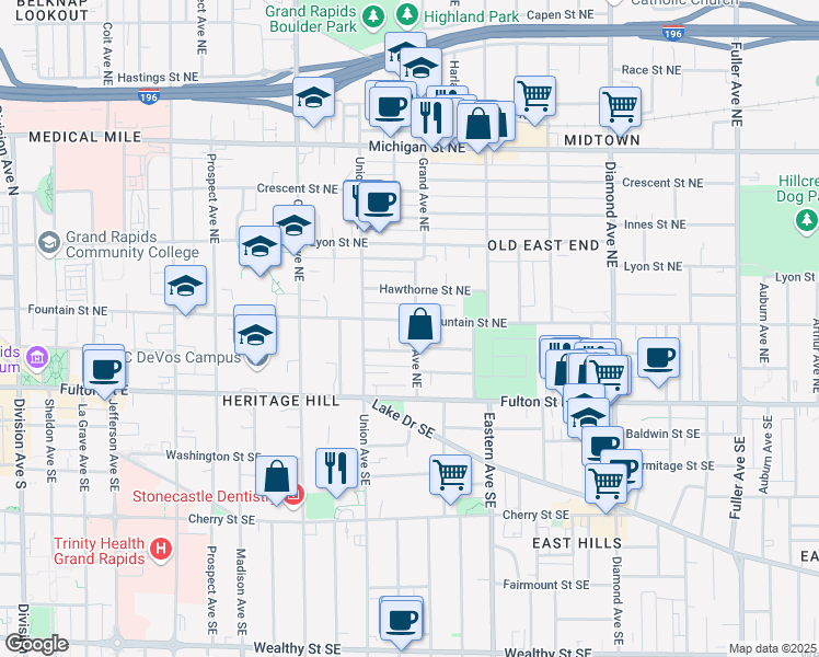 map of restaurants, bars, coffee shops, grocery stores, and more near 633 Atwood Street Northeast in Grand Rapids