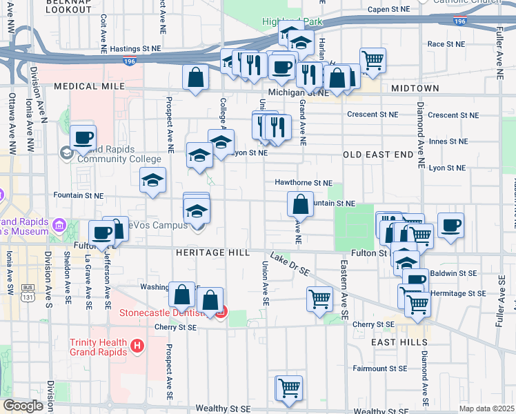 map of restaurants, bars, coffee shops, grocery stores, and more near 51 Union Avenue Northeast in Grand Rapids