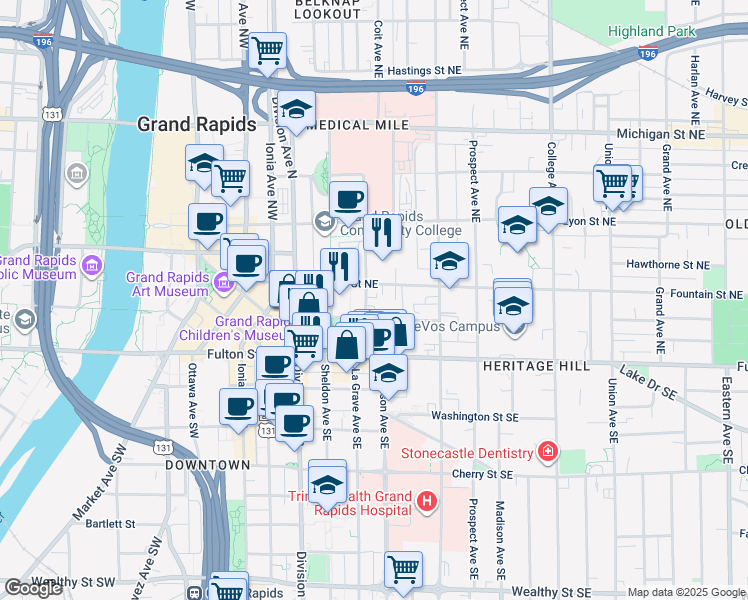 map of restaurants, bars, coffee shops, grocery stores, and more near 181 Library Street Northeast in Grand Rapids