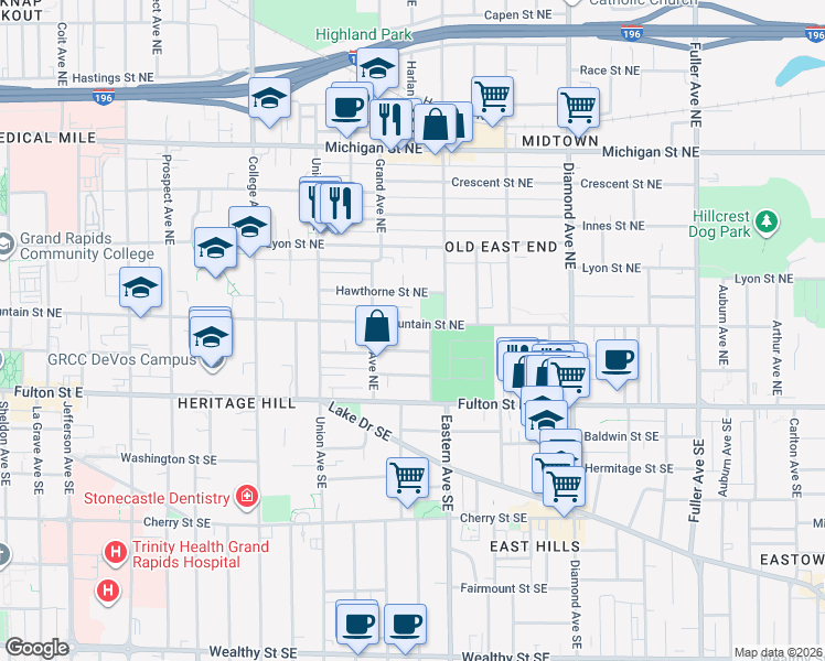 map of restaurants, bars, coffee shops, grocery stores, and more near 738 Fountain Street Northeast in Grand Rapids