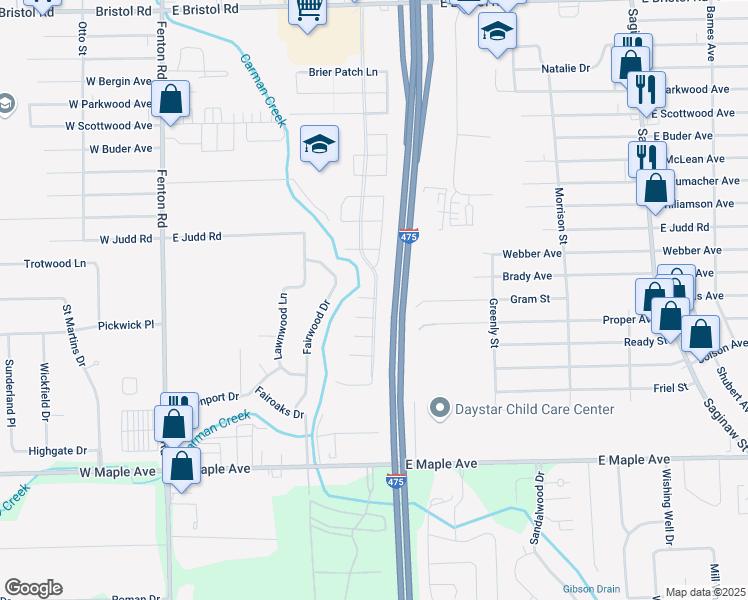 map of restaurants, bars, coffee shops, grocery stores, and more near 4273-4295 Greenbriar Boulevard in Burton