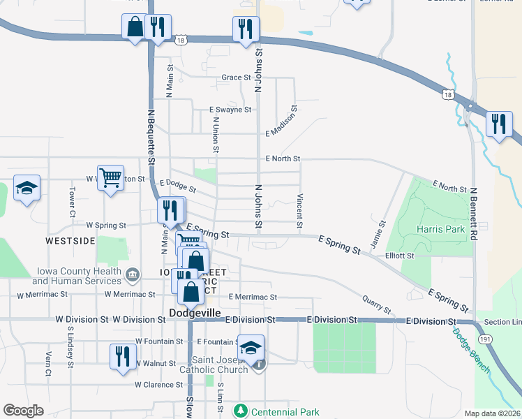 map of restaurants, bars, coffee shops, grocery stores, and more near 302 East Church Street in Dodgeville