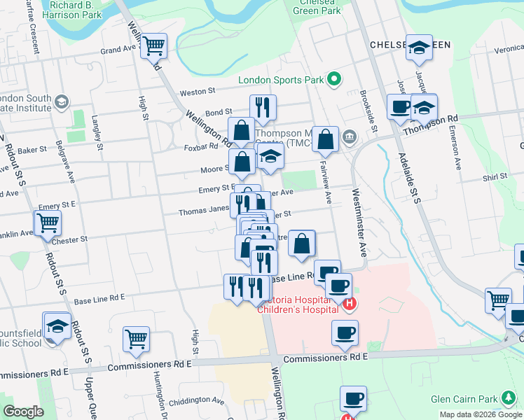 map of restaurants, bars, coffee shops, grocery stores, and more near in London