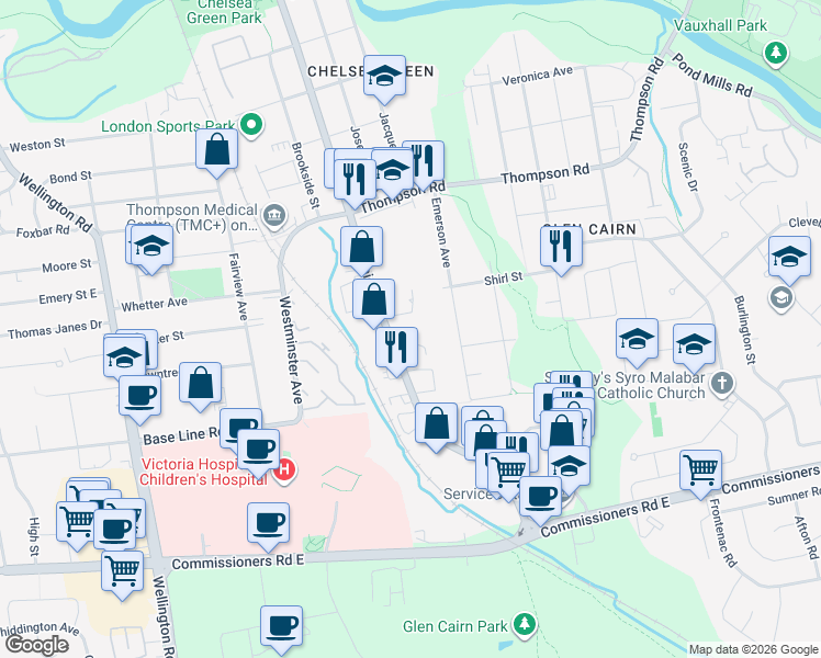 map of restaurants, bars, coffee shops, grocery stores, and more near 180 Adelaide Street South in London
