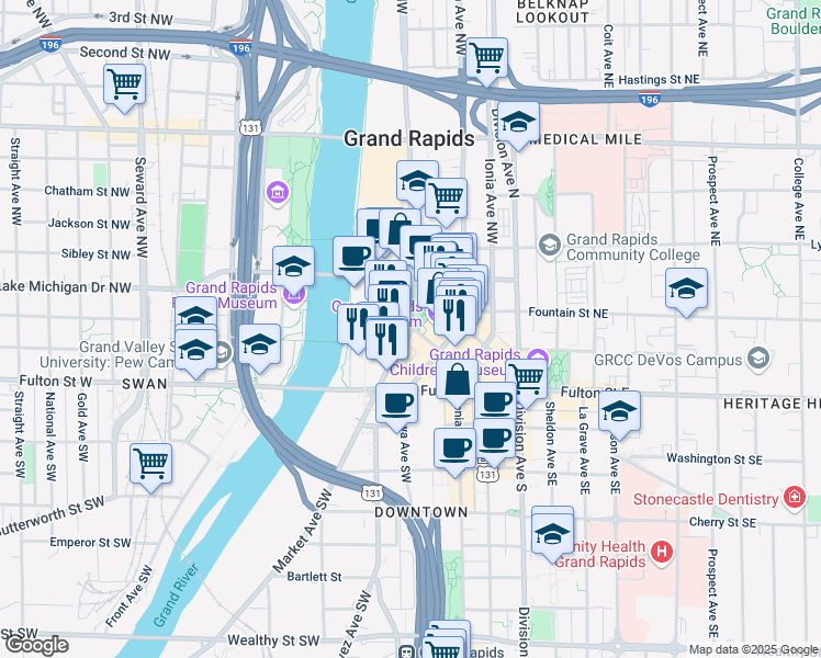 map of restaurants, bars, coffee shops, grocery stores, and more near 171 Monroe Avenue Northwest in Grand Rapids