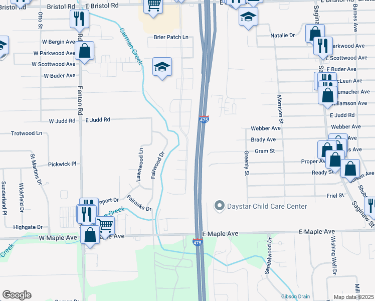 map of restaurants, bars, coffee shops, grocery stores, and more near 4273 Greenbriar Boulevard in Burton