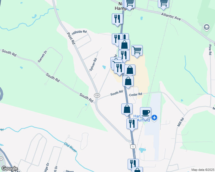 map of restaurants, bars, coffee shops, grocery stores, and more near 53 South Road in North Hampton