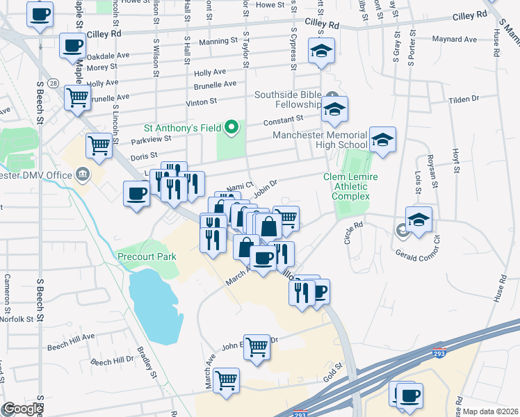 map of restaurants, bars, coffee shops, grocery stores, and more near 72 Gabrielle Street in Manchester