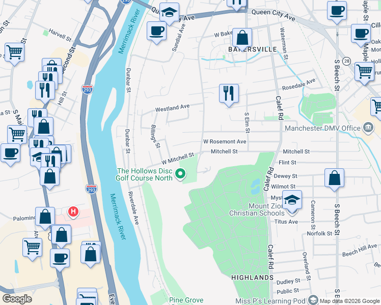 map of restaurants, bars, coffee shops, grocery stores, and more near 290-180 West Mitchell Street in Manchester