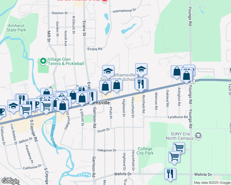 map of restaurants, bars, coffee shops, grocery stores, and more near 5858 New York 5 in Williamsville